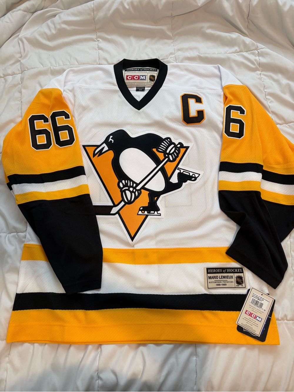 NHL Pittsburgh Penguins White, Gold & Black Mario Lemieux #66 Jersey